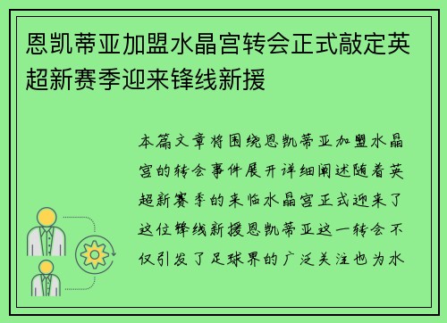 恩凯蒂亚加盟水晶宫转会正式敲定英超新赛季迎来锋线新援